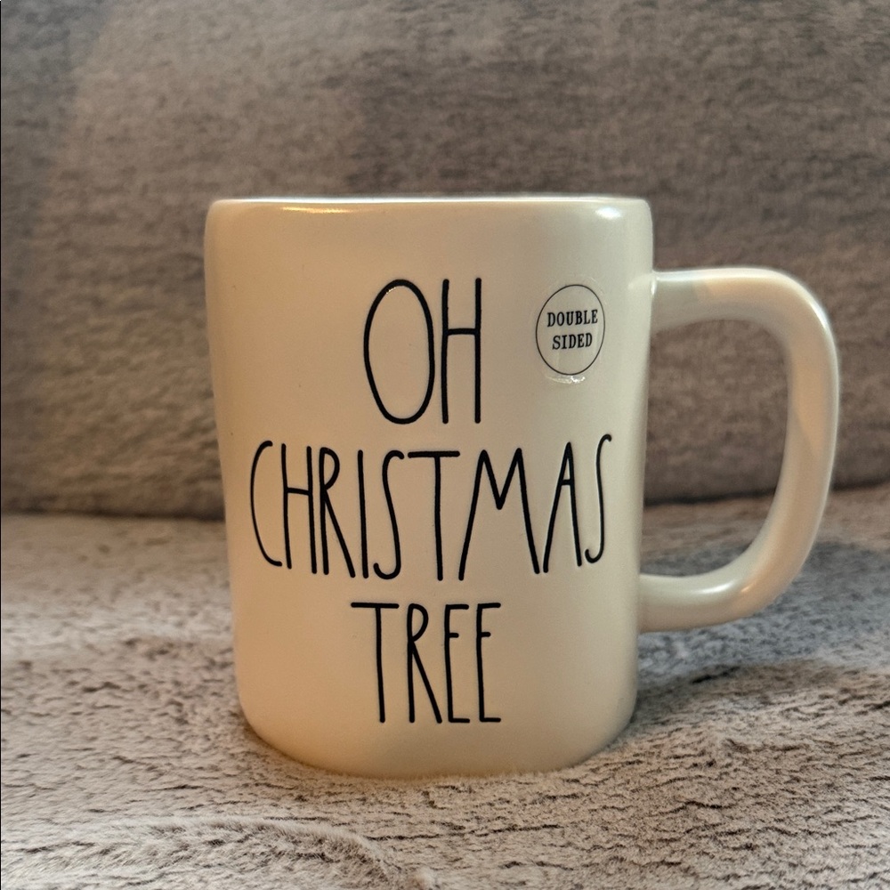 Rae Dunn White Double Sided Christmas Mug 4.75” tall by 3.75” wide